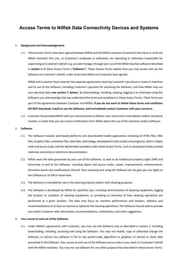 Access Terms To Nilfisk Data Connectivity Devices And Systems